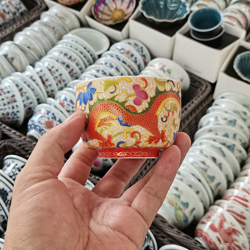 Cốc chủ nhân gốm sứ cao cấp Jingdezhen cốc men màu rồng phượng đôi tách trà bộ trà cặp đôi cốc trà cốc trà đơn