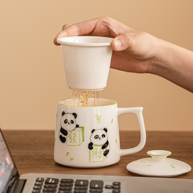 Cốc pha trà mạt chược gấu trúc vẽ tay cốc văn phòng tinh tế cao cấp cốc gốm sứ cốc tách nước trà cốc có lót