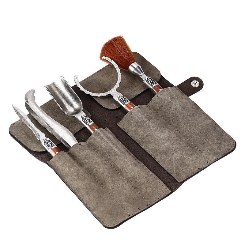 Bộ sáu quý ông trà đạo bằng gỗ mun chống trượt kẹp trà inox cầm bút dao thìa phụ kiện trà đạo dụng cụ pha trà