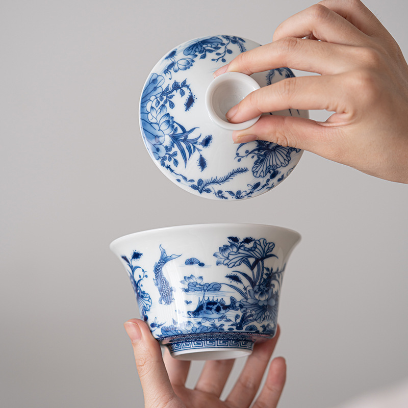 Bát có nắp tam tài màu xanh trắng cổ kiểu Trung Quốc Bát pha trà gốm sứ đơn giản dụng cụ pha trà Kung Fu sứ trắng dùng trong gia đình bát thờ trà