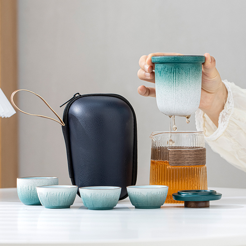 Bộ trà du lịch lưu trữ di động tráng men đá xanh Bộ đồ nhỏ Cốc pha trà thủy tinh dễ mang theo ngoài trời