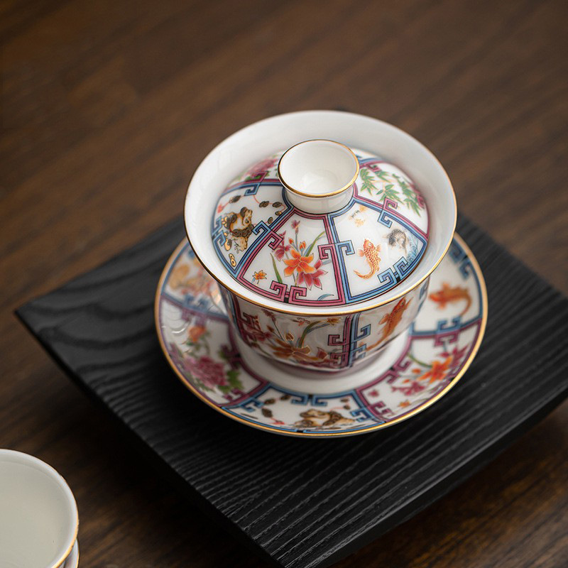 Đồ sứ trắng tráng men cao cấp Jucai Sancai có nắp bát Bộ trà Kung Fu Đồ sứ gia dụng không nóng bát trà bán buôn