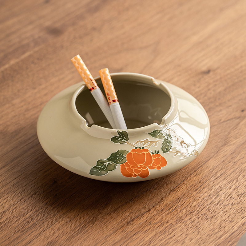 Gạt tàn hồng hồng vẽ tay cảm giác phòng khách cao cấp gốm sứ phong cách Trung Quốc gia dụng Gạt tàn công suất lớn chống gió chống tro bay