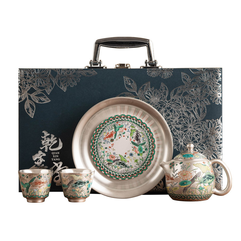 Bộ ấm trà hoa văn tảo và cá mạ bạc 999 nhà máy gửi quà tặng ngày lễ cho người lớn tuổi, giáo viên và cha mẹ