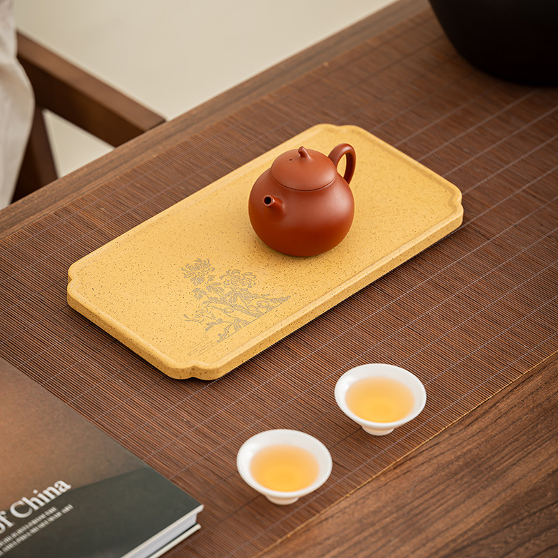 Khay pha khô bằng gốm đất sét thô khay pha trà hoa mận, phong lan, trúc cúc đơn giản khay trà hình chữ nhật gia dụng khay pha trà