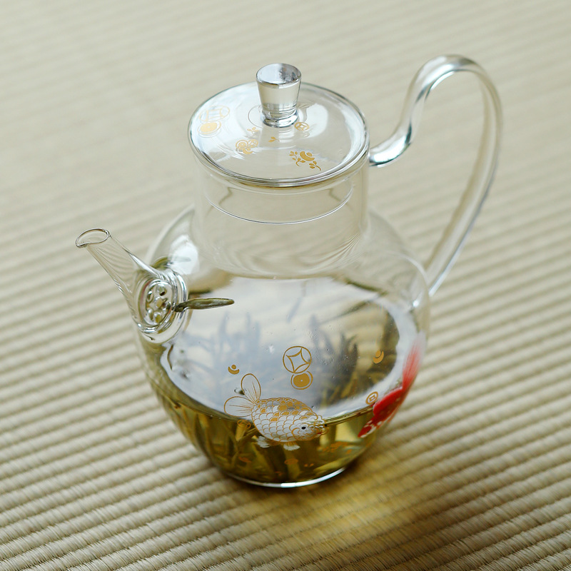 Ấm trà xanh thủy tinh chịu nhiệt borosilicate cao được Ứng dụng bằng tay, ấm trà hoa pha lạnh, bộ trà kung fu, ấm trà, ấm đơn.