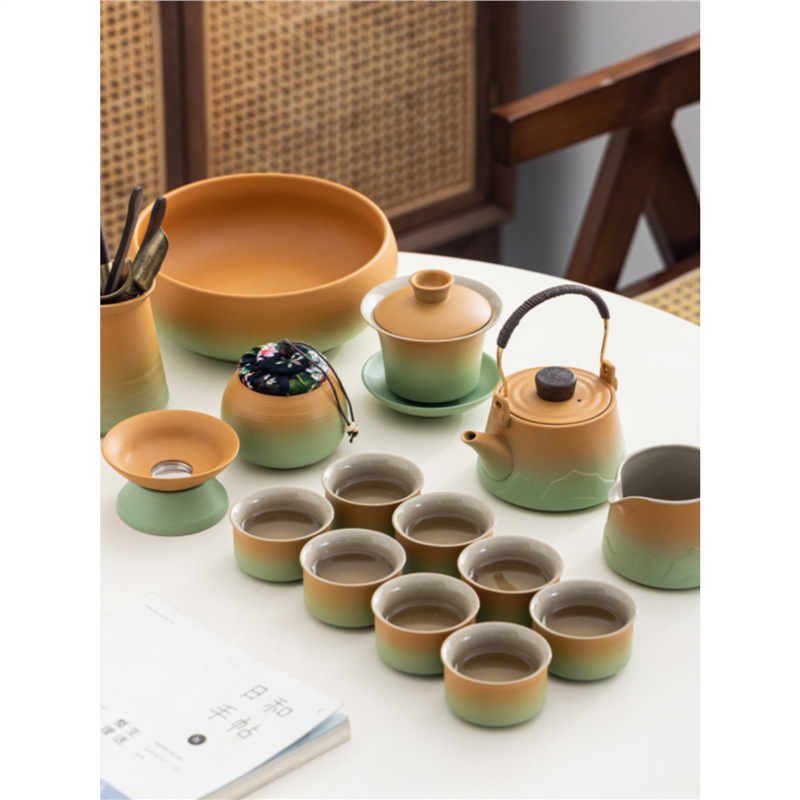 Bộ dụng cụ trà Kung Fu Gradient gốm thô, bình đựng xà bằng gốm, cốc trà có nắp, bộ ấm pha trà cao cấp văn phòng gia dụng