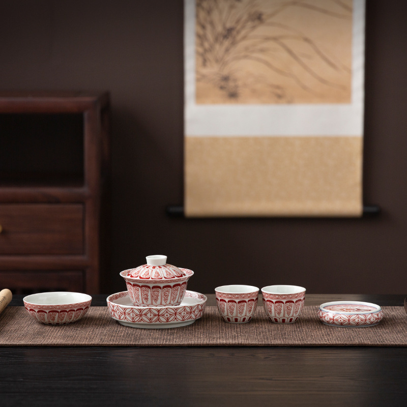 Dụng cụ pha trà cổ điển Kung Fu sứ trắng xanh dụng cụ pha trà bát ba tài năng gia dụng tách trà cốc chủ nhân có nắp đậy cốc