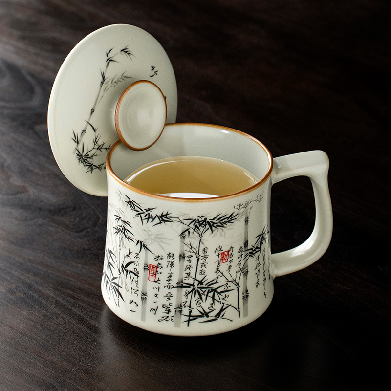 Cốc trà tre mực Ru Kiln cốc nước gốm có nắp cốc cốc cốc uống trà văn phòng cao cấp chuyên dụng cá nhân