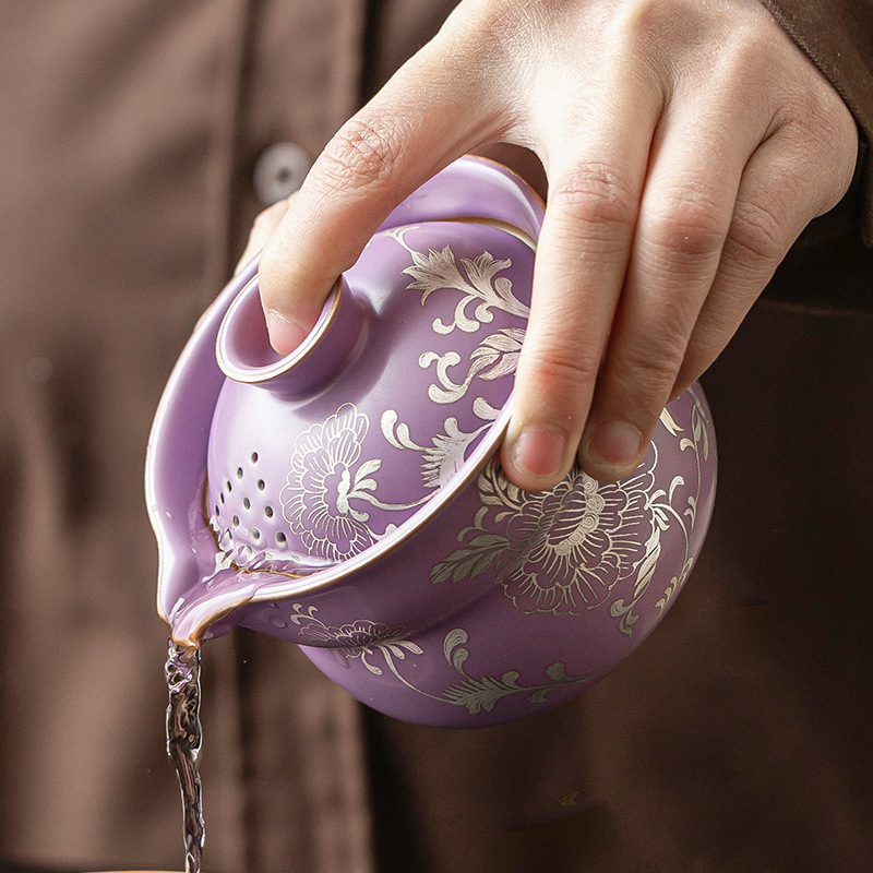 Chậu cầm tay gốm sứ, mẫu đơn bạc, bình trà tử đinh hương, bình trà Fulu màu tím, cốc trà, bát pha trà có lọc chống bỏng cao cấp