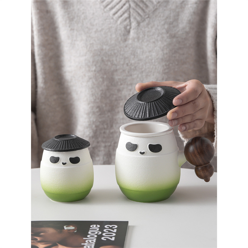 Cốc sứ gấu trúc cốc lọc cốc nước tách trà cá nhân văn phòng có nắp cốc pha trà logo