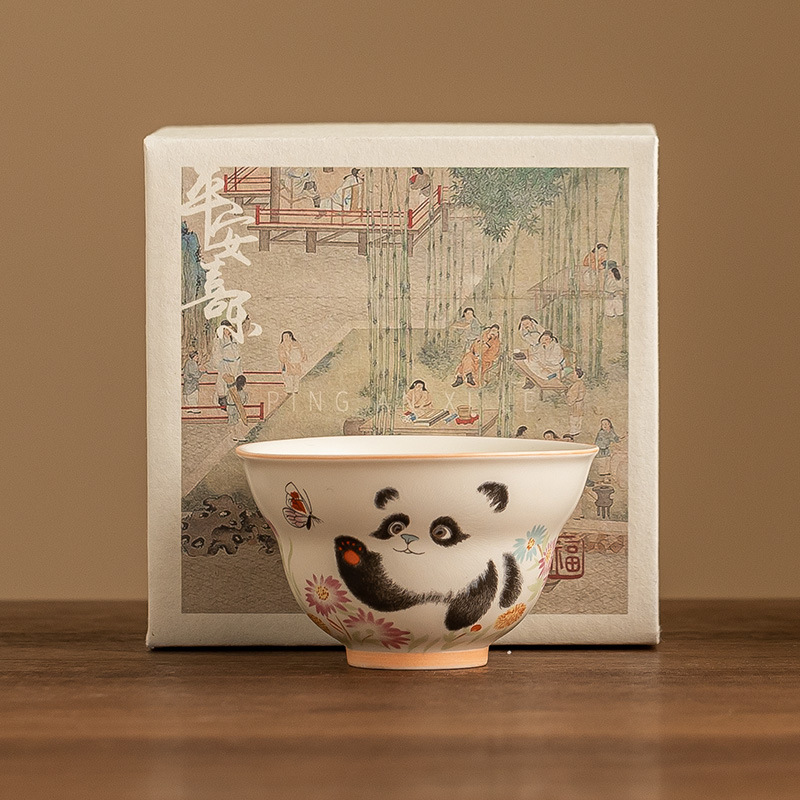 Cốc trà gấu trúc tráng men màu vàng cốc chủ nhân cốc trà Kung Fu dung tích lớn cốc trà gốm sứ cốc trà hộp quà