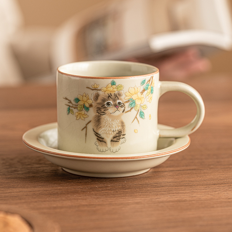 Cốc cà phê Moe Cat Ru Kiln Cốc trà tinh tế cao cấp Cốc nước Trung Quốc chuyên dụng cá nhân cho nữ Bộ đĩa cốc sữa