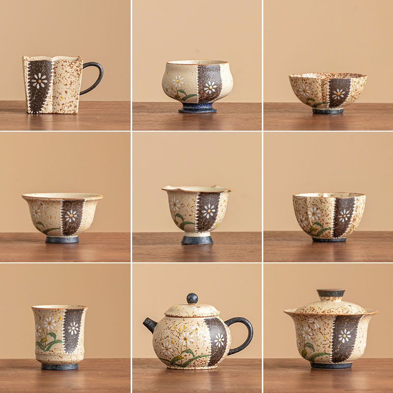 Bộ trà gốm sứ cổ đỏ đá lửa xanh trắng, tách trà hoa cúc nhỏ cao cấp, cốc chủ nhân, bát đựng trà, lư hương, cốc cà phê