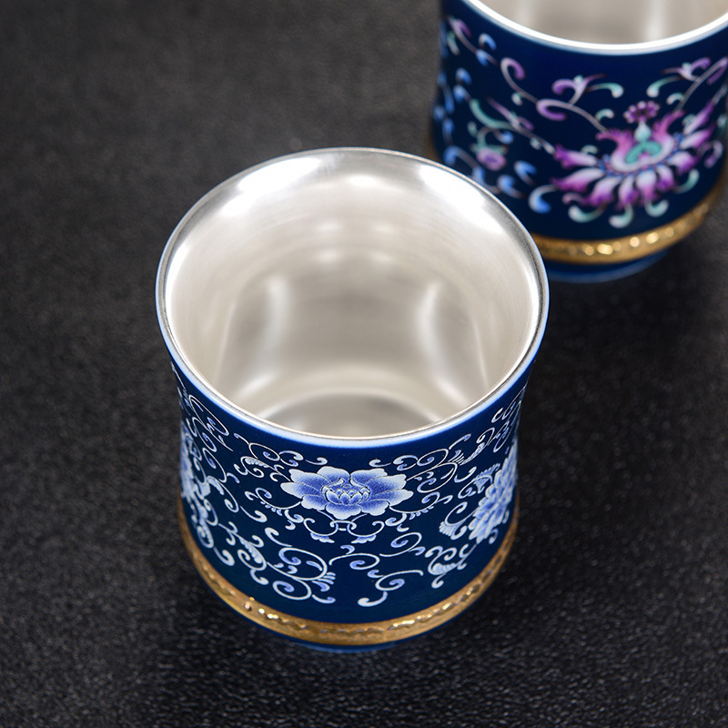 Cốc trà lót bằng bạc 999 cốc chủ nhân gốm sứ bộ trà Kung Fu cỡ lớn đơn chén trà chữ lưu niệm bán buôn