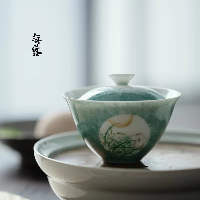 Wuluo Jingdezhen tráng men màu vẽ tay thỏ dễ thương nhìn ra mặt trăng có Nắp bát làm bằng gốm sứ thủ công Bát trà cửa sổ trà Kung Fu