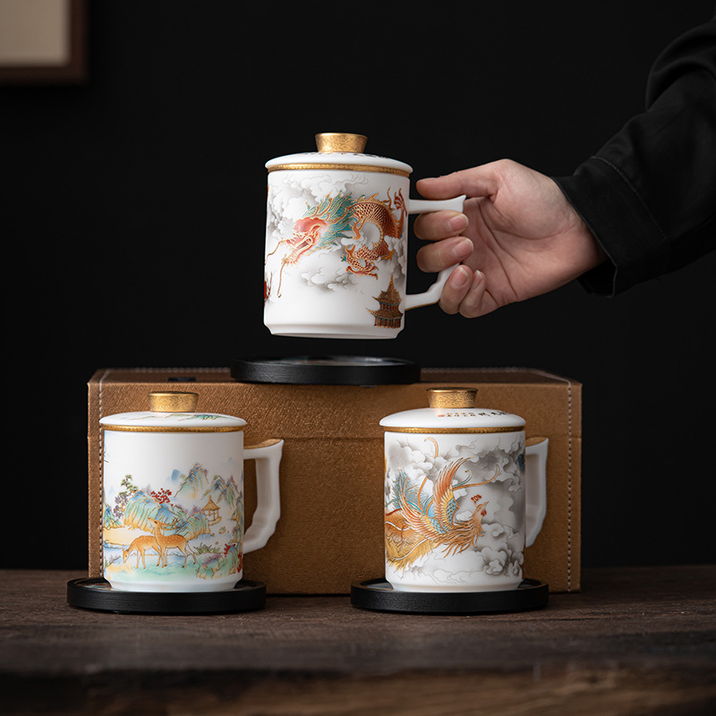 Cốc văn phòng bằng sứ trắng ngọc bích có tay cầm cốc pha trà tách trà rồng phượng 2024 cốc nước cao cấp quà tặng năm rồng