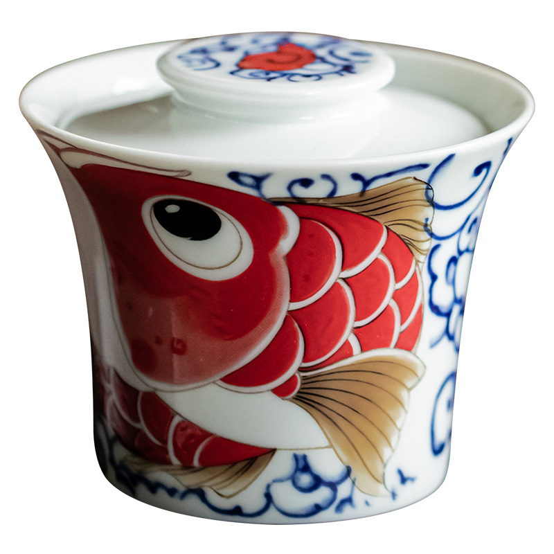 Bát có nắp tam tài cá Rồng Kiểu Trung Quốc Bát pha trà gia dụng gốm sứ Nafu Xianglong Bộ trà Kung Fu tay chống bỏng cốc trà