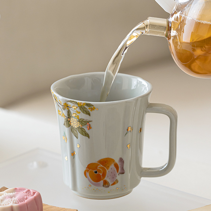 Cốc gốm sứ cá osmanthus vàng xám thực vật phong cách quốc gia cốc uống trà dung tích lớn gia dụng cốc cà phê cá nhân văn phòng