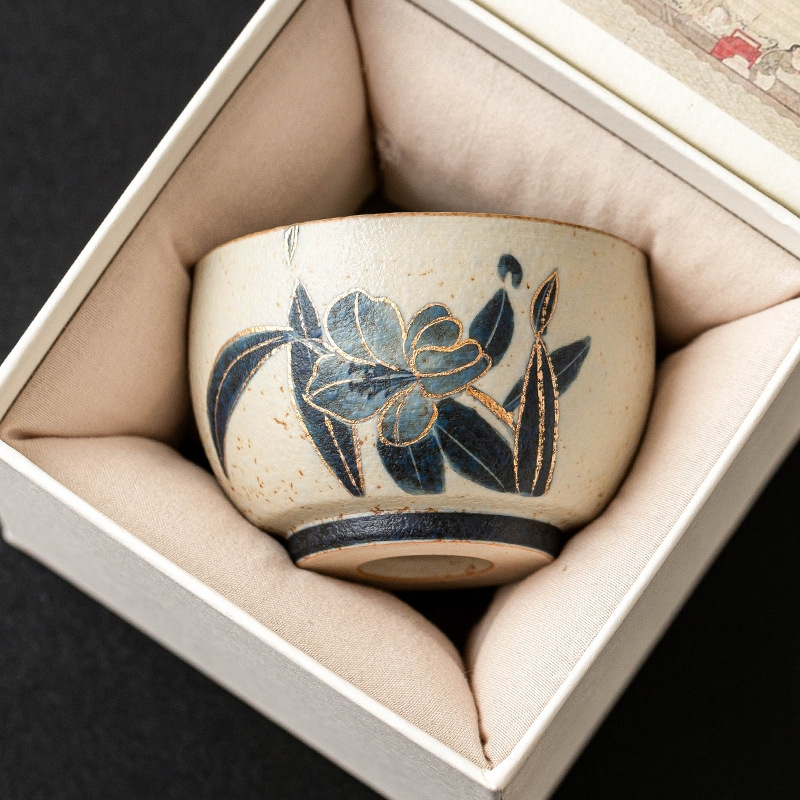 Cốc chủ nhân gốm đá lửa trắng xanh, cốc la hán hoa huệ vẽ tay bằng vàng, cốc trà cỡ lớn, cốc uống trà gia dụng, cốc trà