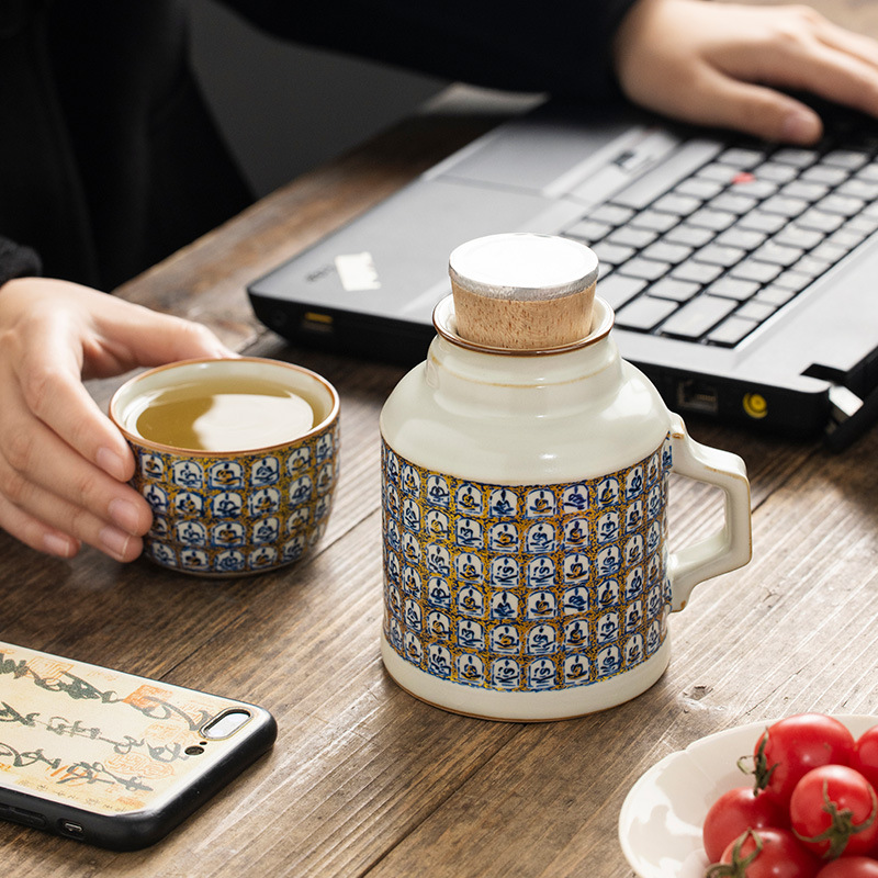 Ấm đun nước nghìn phật Ru Kiln cốc pha trà cốc uống nước cốc uống trà dung tích lớn văn phòng gia dụng cốc trà có nắp