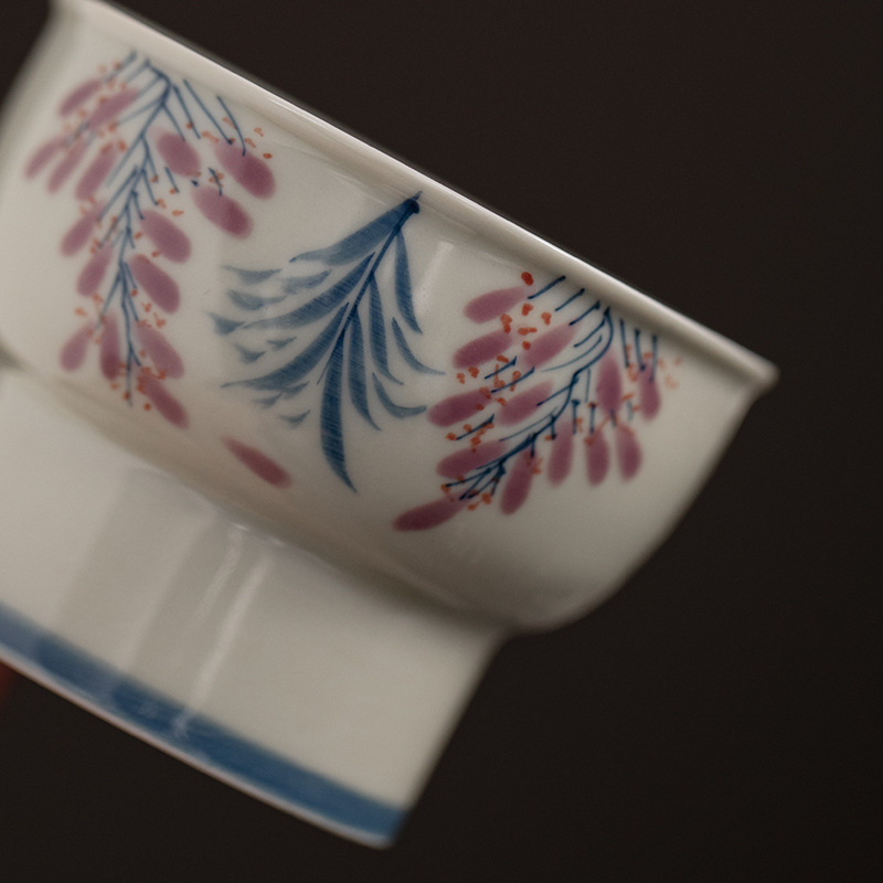 Cốc chủ nhân chân cao vẽ tay màu xám thực vật cốc trà gốm sứ dụng cụ trà kungfu cốc đựng trà gia dụng cốc cao cỡ lớn