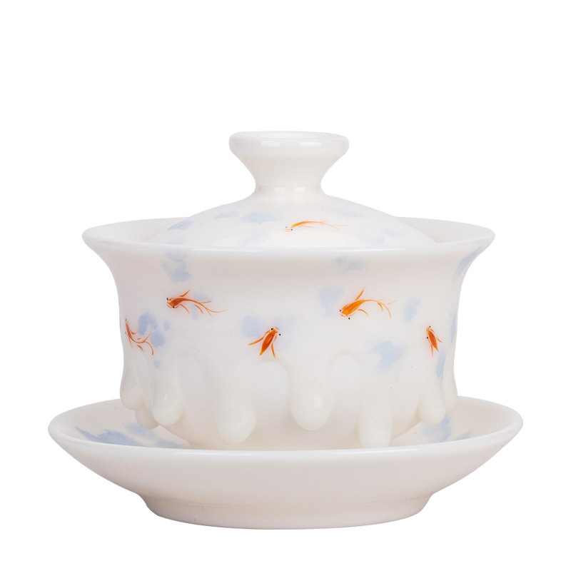 Bộ ấm chén trà sứ trắng Dehua cao cấp, họa tiết cừu mỡ ngọc bích Sancai, quà tặng của bậc thầy Xu Fukun.