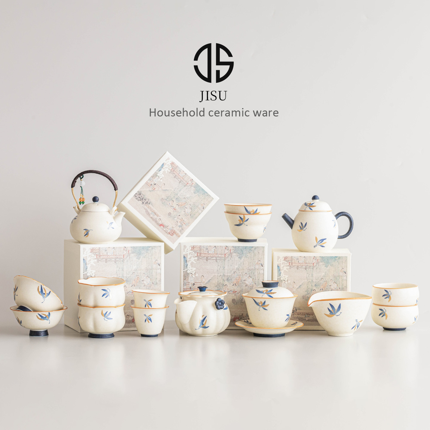 Dụng cụ pha trà gốm trắng mỏ đá, cốc trà lan hồ điệp vàng, ấm pha trà, cốc có nắp, phụ kiện trà đạo giá trị cao