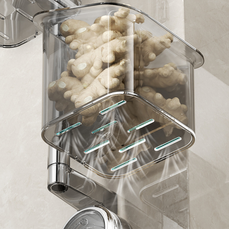 Hộp lưu trữ hành lá, gừng và tỏi nhà bếp, giá để đĩa hút, giỏ lưu trữ gia vị gừng và tỏi, giỏ treo tường không đục lỗ