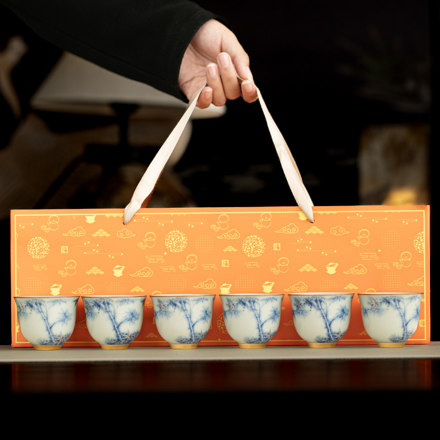 Bộ ấm chén trà Kung Fu sứ cao cấp Ru Kiln, quà tặng doanh nghiệp, hộp quà lưu niệm màu xanh trắng