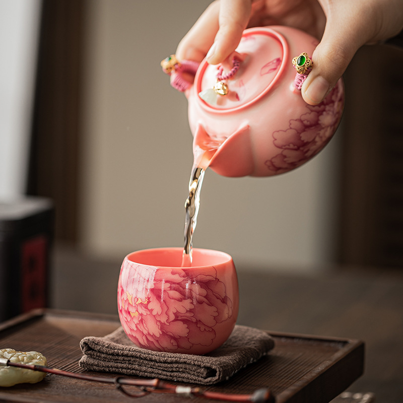 Bột đông mỡ lợn Cốc chủ nhân gốm sứ Cốc tròn hoa mẫu đơn Cốc uống trà Bộ trà gia dụng Cốc đơn tách trà Cốc trà