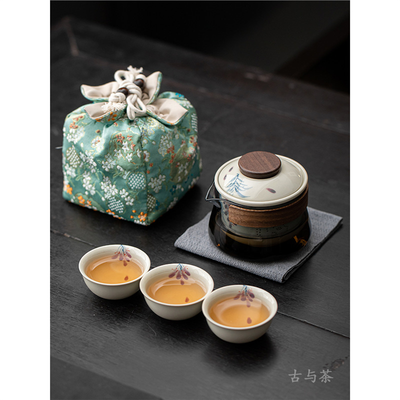 Bộ trà du lịch bằng gốm hoa tử đằng vẽ tay tinh khiết tráng men