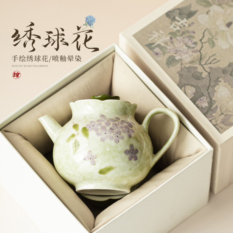 Ấm trà hoa cẩm tú cầu vẽ tay dụng cụ trà Kung Fu gốm sứ gia dụng ấm trà đơn phong cách Trung Quốc có lọc để tặng quà cho nữ