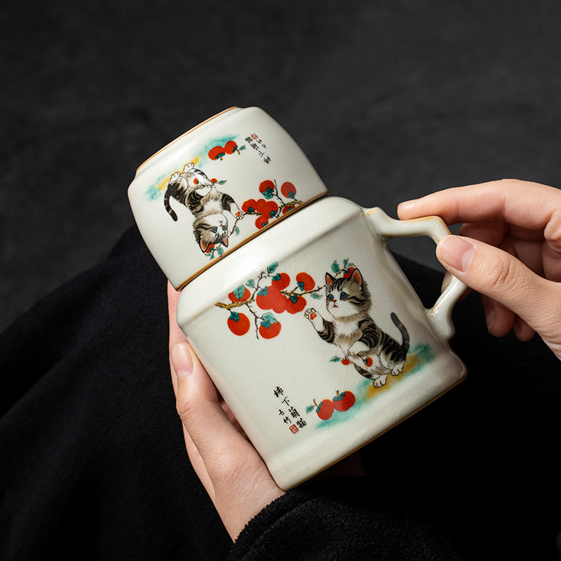 Cốc cốc ấm mèo dễ thương dưới hồng Ru Kiln cốc pha trà cao cấp văn phòng gia dụng có nắp cốc nước sáng tạo