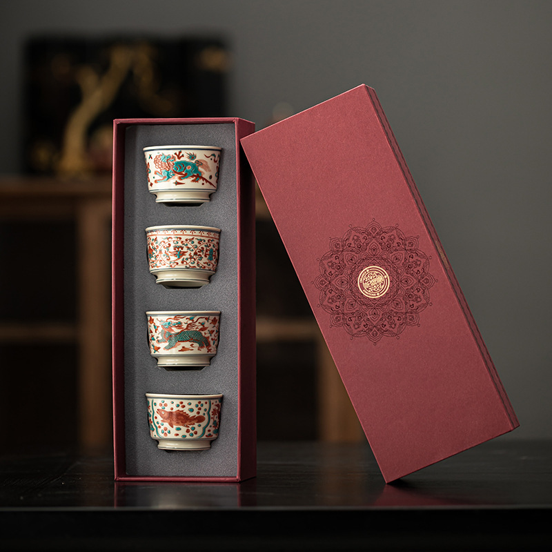 Bộ tách trà hộp quà tặng tách trà chủ tách trà Kung Fu bộ trà Trung Quốc màu xanh và trắng gốm tách trà đơn cốc chủ