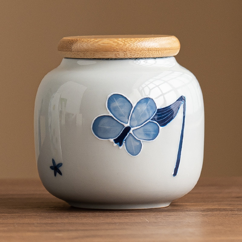 Lọ trà gốm sứ chạm nổi vẽ tay, bình rỗng cầm tay, bình đựng trà, bình kín, bình chống ẩm, bình đựng trà