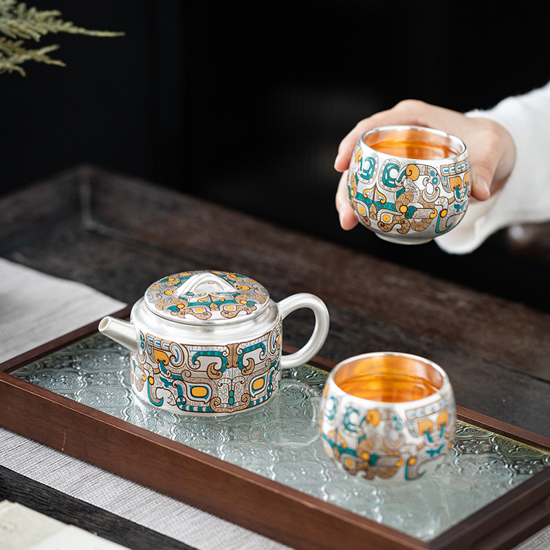 Bộ ấm chén trà Kung Fu bạc mạ vàng 999, bộ ấm trà cao cấp sáng tạo dành cho người lớn tuổi và khách hàng