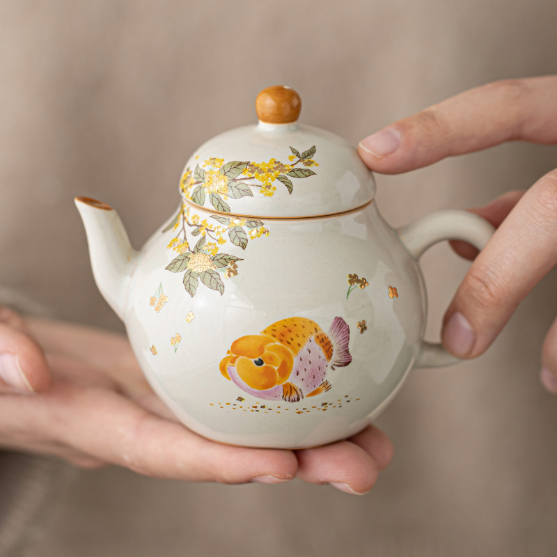 Ấm trà màu xám cỏ cây phong cách Trung Quốc Zen Osmanthus Golden Fish Ruyi Ấm cầm tay tinh xảo Ấm trà đơn