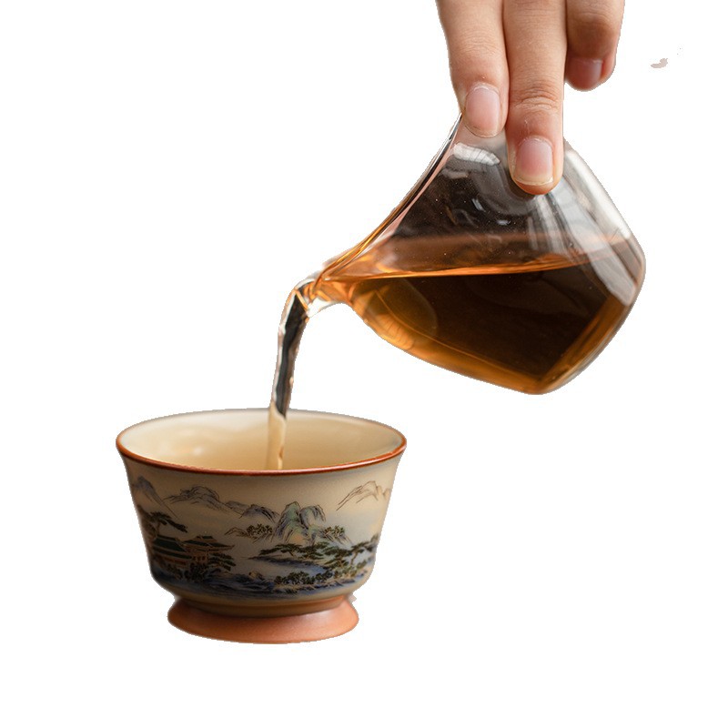 Cốc trà chân cao Ruyao Bộ hộp quà tặng cốc chủ nhân phong cảnh retro cốc trà Kung Fu bát trà nhỏ quà tặng