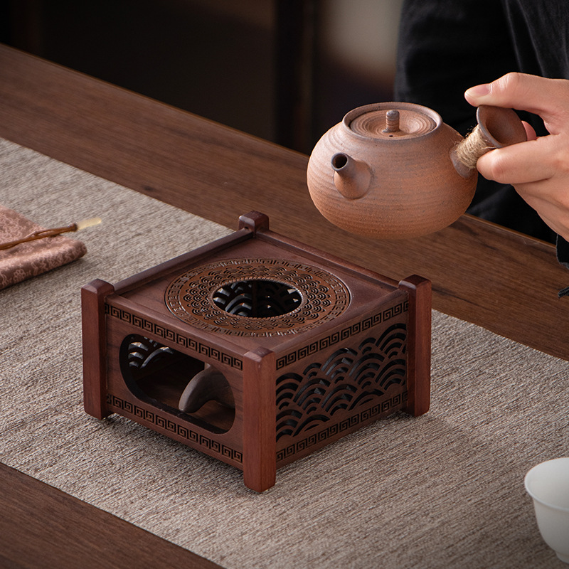 Bộ ấm trà vuông gỗ óc chó Bắc Mỹ nến đèn cồn đế ấm trà bộ trà Kung Fu tinh tế phụ kiện trà đạo