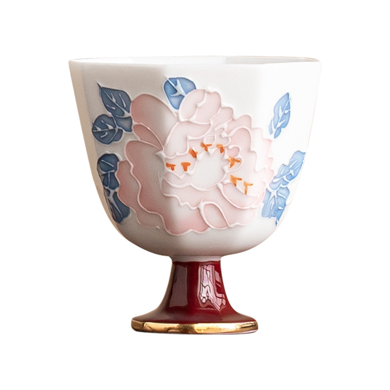 Vẽ tay hoa mẫu đơn vàng cao cốc gốm khắc trà bộ trà tinh tế cá nhân chủ cốc trà cốc đơn