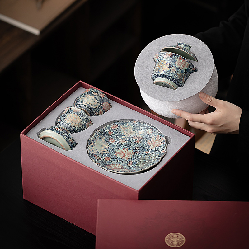 Ru Kiln Sứ trắng xanh giống như vàng Bộ ấm trà có nắp ba tài Bộ trà Kung Fu bằng gốm để sử dụng tại nhà với nắp cốc và tách trà.