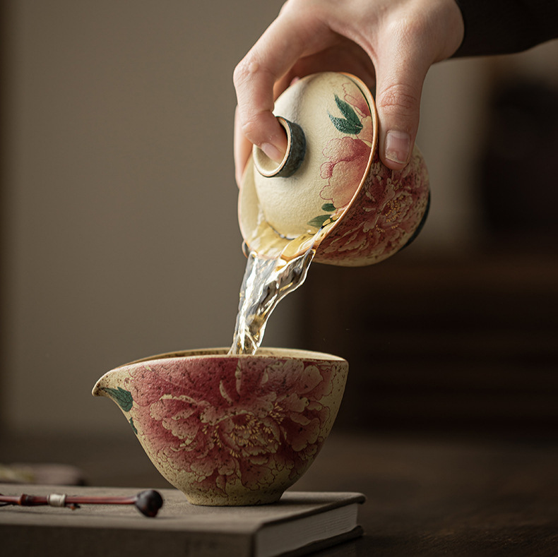 Bộ bát và hai tách màu đỏ lửa xanh trắng, bộ trà kung fu bằng gốm sứ nung trong lò kiểu Trung Quốc, thiết bị pha trà tại nhà đơn giản.