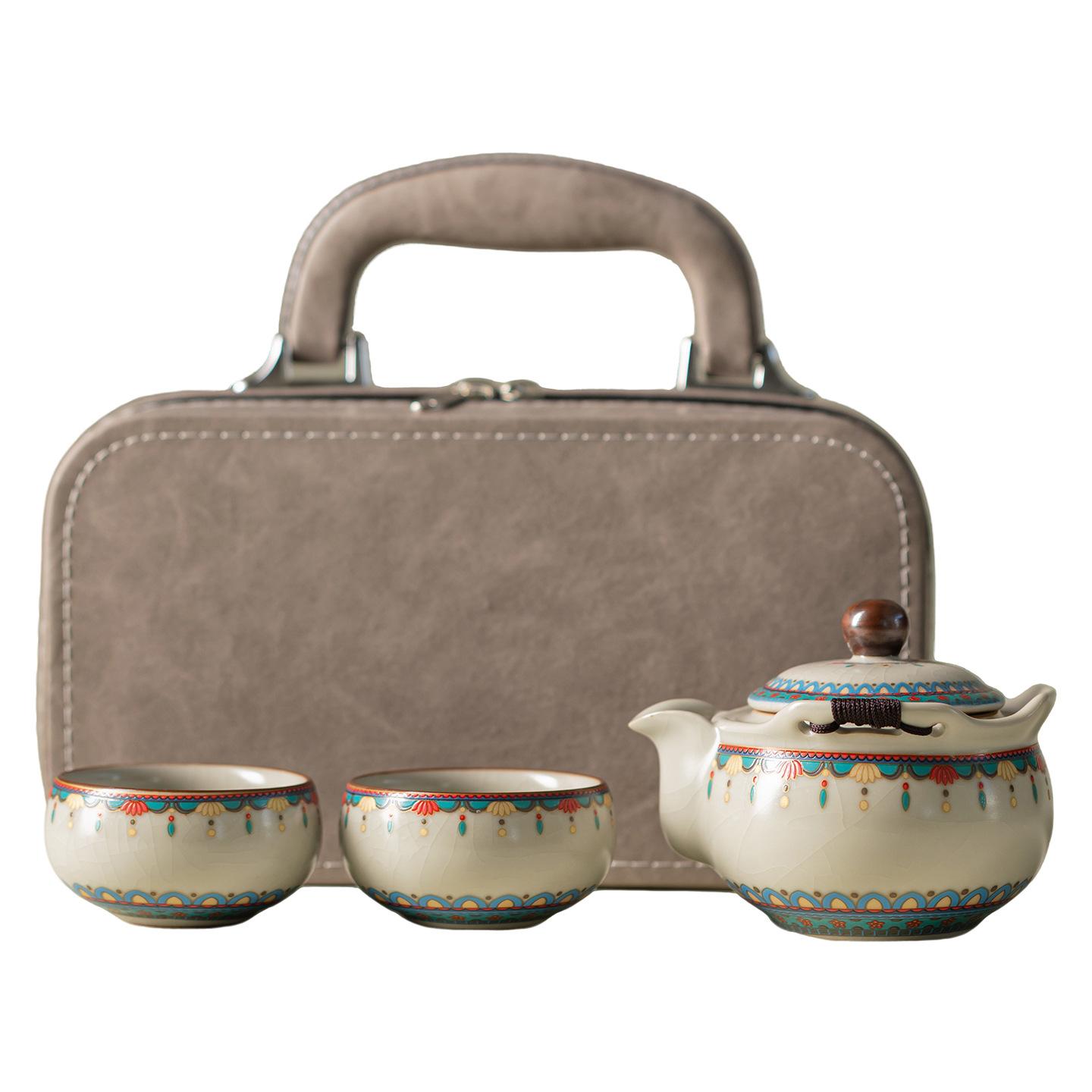 Ru Kiln Đôn Hoàng Ruyi Bộ trà du lịch một ấm hai cốc gốm cầm tay ấm trà ngoài trời pha trà cầm tay quà tặng