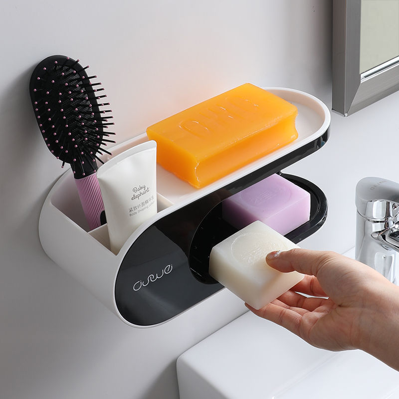 Giá để đồ Hộp xà phòng hai tầng không đục lỗ sáng tạo thoát nước cốc hút phòng tắm Treo Tường Hộp đựng xà phòng tắm gia dụng