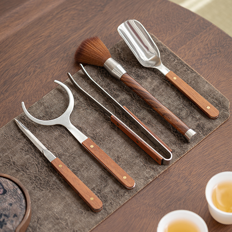 Trà đạo bằng gỗ rắn thép không gỉ sáu quý ông bộ kẹp trà cầm ấm bút nĩa trà thìa trà dao pha trà phụ kiện bộ trà