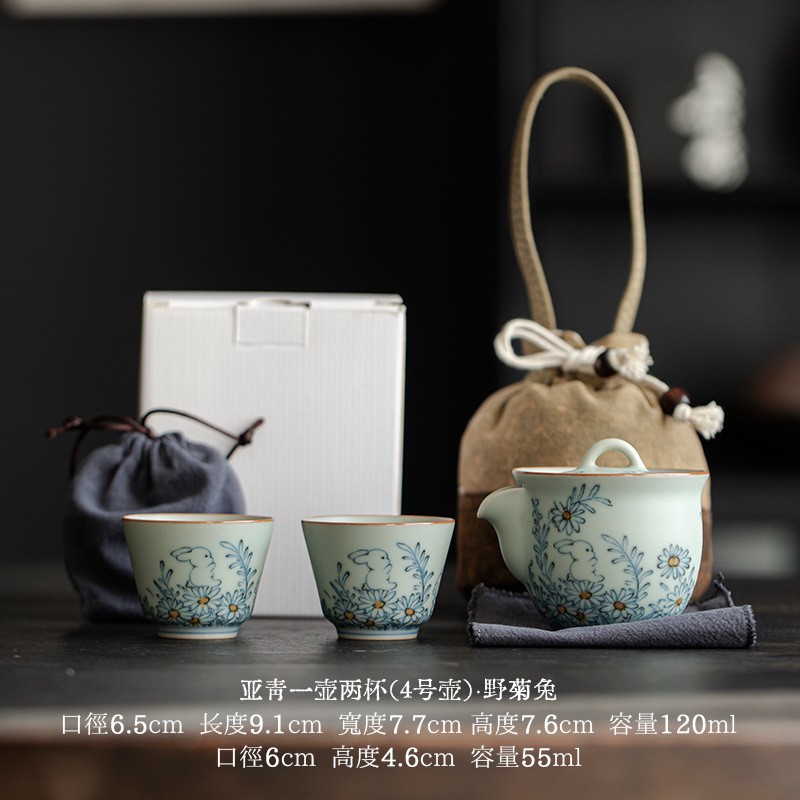 Nồi cầm tay gốm sứ xanh và trắng cổ Tianqing Ru Kiln một nồi hai cốc cốc nhanh bộ nhỏ bộ đồ trà du lịch