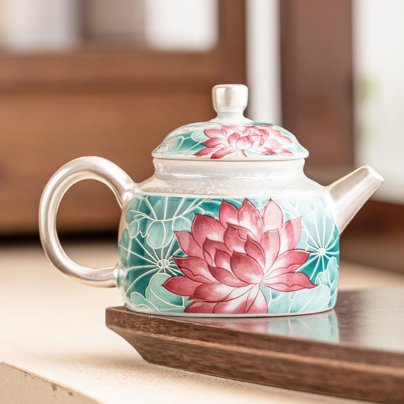 Ấm đun nước màu trăng ao sen kiểu Trung Quốc ấm trà mạ bạc 999 cao cấp tinh xảo ấm pha trà có lọc ấm cầm tay chống bỏng