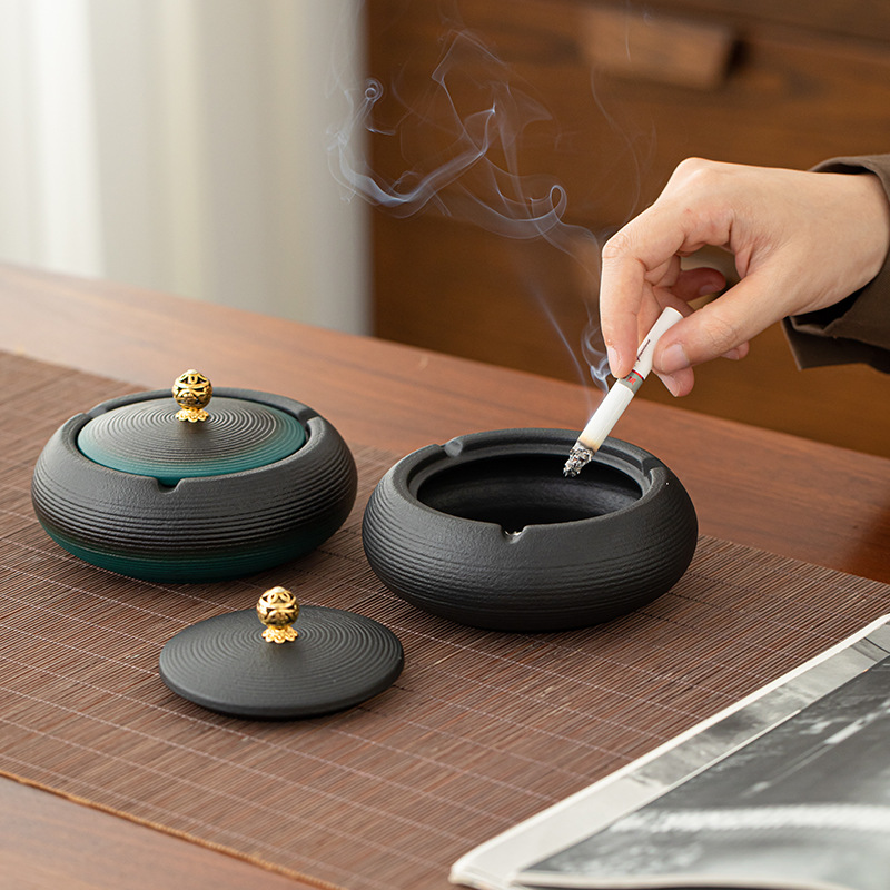Gạt tàn có nắp bằng gốm thô Gạt tàn gốm sứ phòng khách gia dụng kiểu Trung Quốc