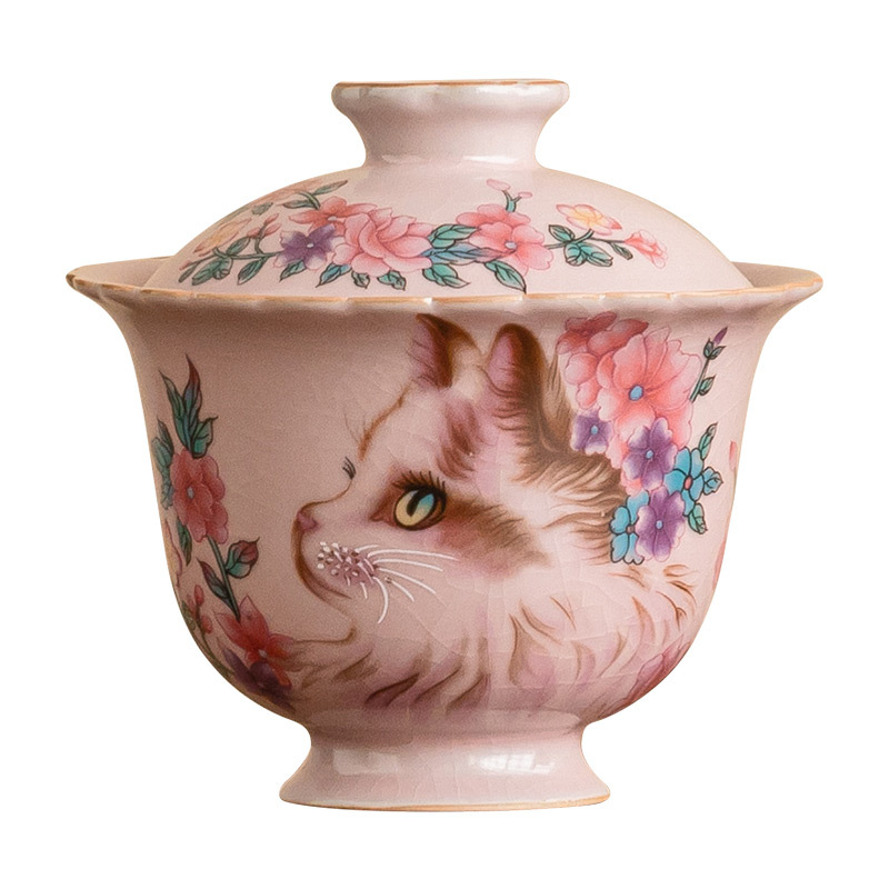 Ru Kiln Hoa Mèo Họa Tiết Hoa Miệng Bát Có Chân Cao, Tách Trà Gốm Ru Màu Hồng, Đơn Có Nắp, Bộ Pha Trà Gia Đình Cho Nữ, Kích Thước Lớn.